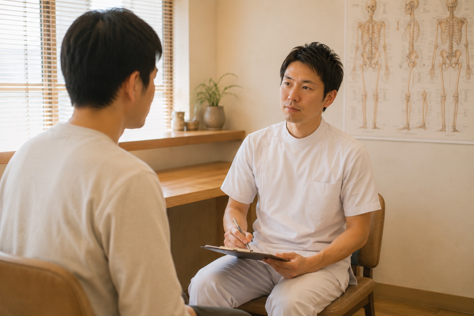 骨格図のある問診コーナーで、施術者が患者の話をじっくり聴いている