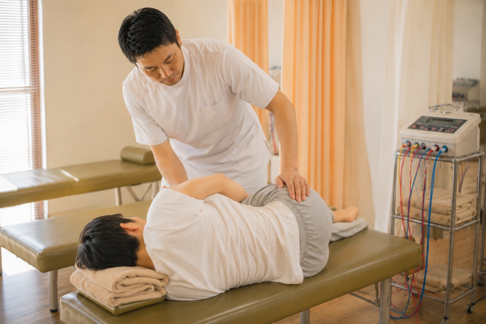 横向きの患者の骨盤を整える施術