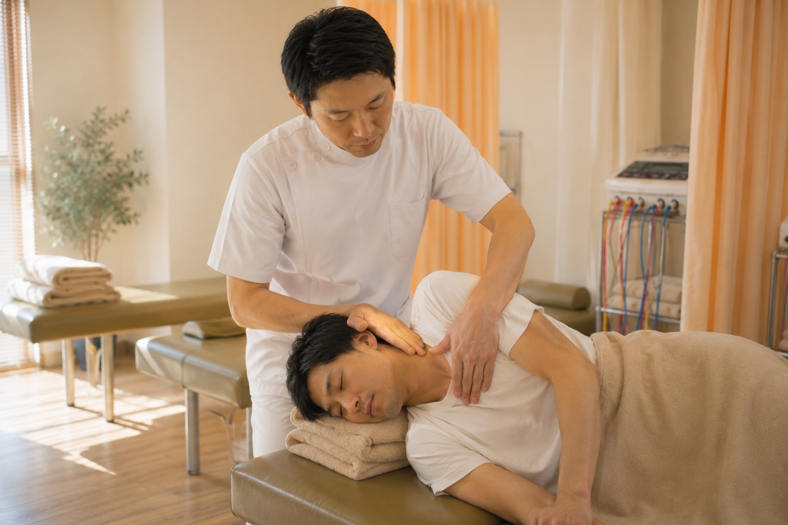 患者の肩や首を手でほぐす施術者