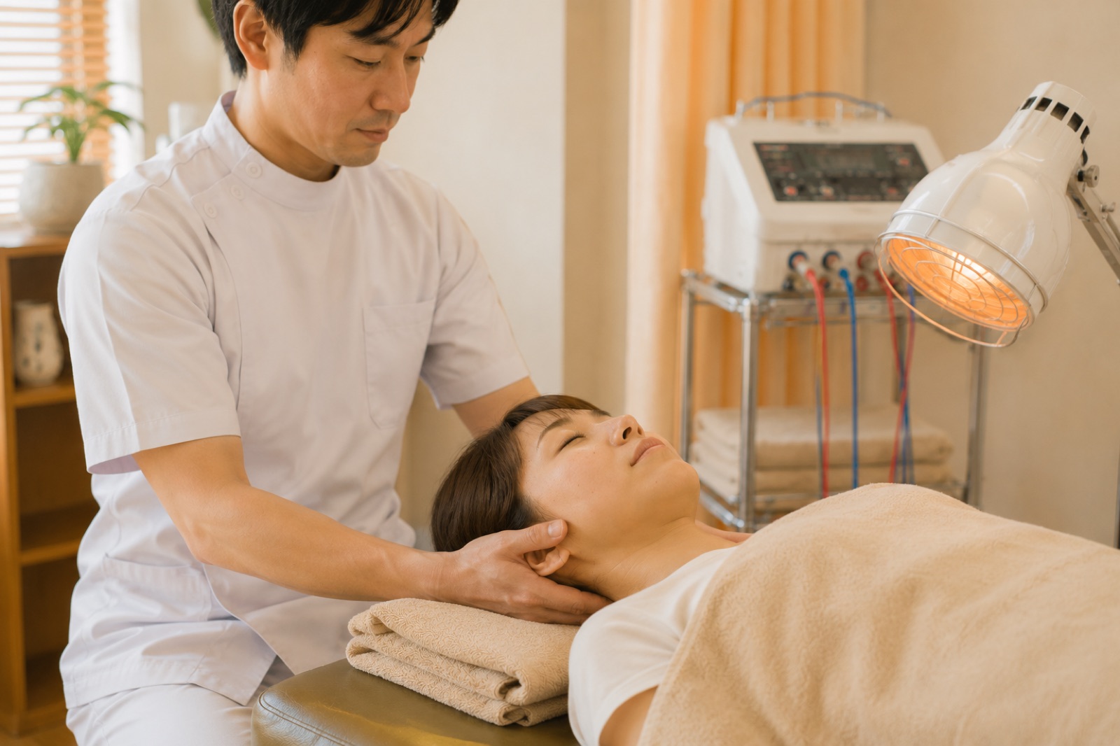 施術者が患者の首をやさしく支えてケアしている